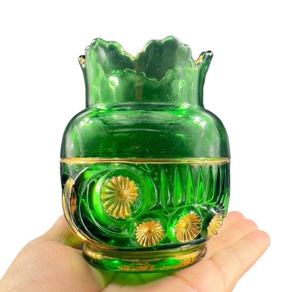 1896 EAPG Riverside Esther Emerald Glass Gold Spooner Antique Glass Vase VINTAGE - Picture 15 of 16